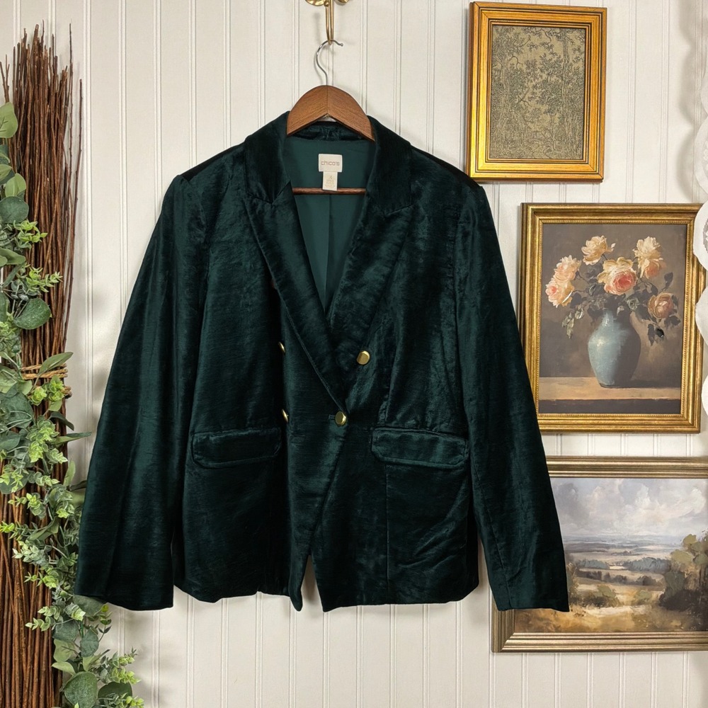 Chico's Velvet Blazer Women Size 3 Green Excellent Double Breasted Gold Button